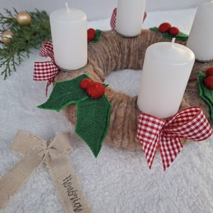 Adventi koszorú-gyapjúfilc-Piros kockás-Vintage hangulat, Karácsony, Adventi díszek, Adventi koszorú, Varrás, Virágkötés, MESKA