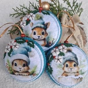 Karácsonyi cuki mókusok gyapotvirággal - filc karácsonyfa dísz szett(3 db) - Meska.hu