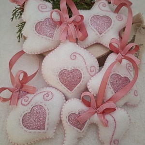 Karácsonyfa díszek-rózsaszín álom szívek- 6 db, Karácsony, Karácsonyi lakásdekoráció, Karácsonyfadíszek, Varrás, MESKA