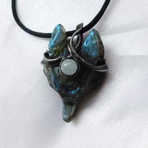 Labradorit farkasfej medál akvamarinnal - ékszer - nyaklánc - medál - Meska.hu