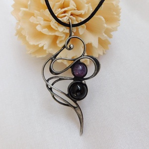 Ametiszt nyaklánc fekete turmalinnal - ékszer - nyaklánc - medál - Meska.hu
