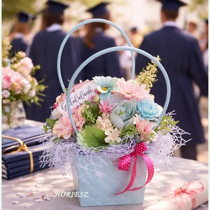 Virágtáska ballagásra, diplomaosztóra, Otthon & Életmód, Virágdekoráció, Virágok, Virágcsokor, , Ez az élethű virágokkal készült virágtáska megfelelő ajándék lehet ballagásra, diplomaosztóra, szül..., MESKA