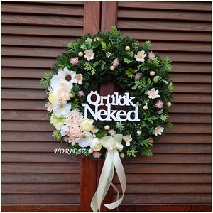 Virágos örülök neked koszorú  - otthon & életmód - dekoráció - ajtó- és ablak dekoráció - ajtódísz & kopogtató - Meska.hu
