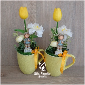 Bögrés tulipános dísz - tábla cserélhető - otthon & életmód - virágdekoráció - virágdíszek - virágdísz kaspóban - Meska.hu