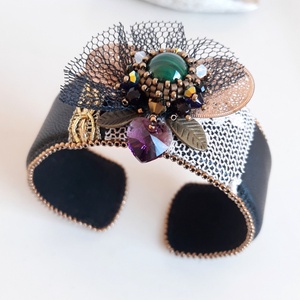 Malachit Swarovski Bőr karkötő  - ékszer - karkötő - széles karkötő - Meska.hu
