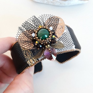 Malachit Swarovski Bőr karkötő  - ékszer - karkötő - széles karkötő - Meska.hu