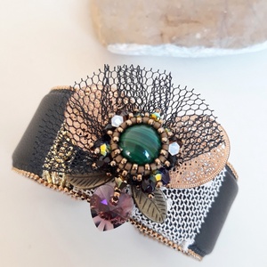 Malachit Swarovski Bőr karkötő  - ékszer - karkötő - széles karkötő - Meska.hu