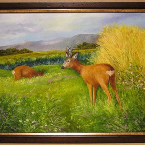 Őzek a mezőn , olajfestmény keretben - Meska.hu
