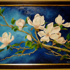 Éjféli magnóliák I. , olajfestmény keretben, Művészet, Festmény, Olajfestmény, Festészet, MESKA