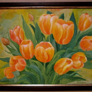 Sárga tulipánok , festmény keretben, Művészet, Festmény, Akril, Festészet, Festett tárgyak, MESKA
