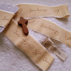 Kézzel festett és bélyegzett, tépett, pamutszalag, Bibliai, igés, felirattal- krém-019, Kellékek & szerszámok, Rövidáru, Szalag, pánt, Textilszalag, , MESKA