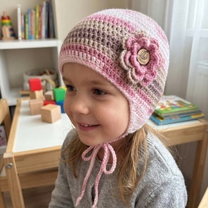Púder horgolt kislánysapka 50-52 cm - ruha & divat - sál, sapka, kendő - sapka - Meska.hu