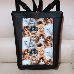 Egyedi fekete cicás műbőr hátitáska, Táska & Tok, Hátizsák, Hátizsák, Bőrművesség, MESKA