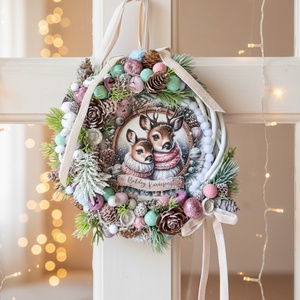 Őzikés Karácsonyi Pasztell Kopogtató  világítással (20 cm), Karácsony, Adventi díszek, Adventi ajtódísz, , MESKA