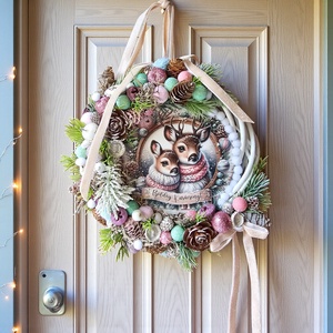 Őzikés Karácsonyi Pasztell Kopogtató  világítással (20 cm) - karácsony - adventi díszek - adventi ajtódísz - Meska.hu