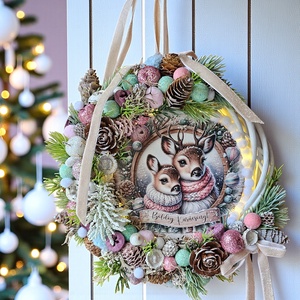 Őzikés Karácsonyi Pasztell Kopogtató  világítással (20 cm) - karácsony - adventi díszek - adventi ajtódísz - Meska.hu