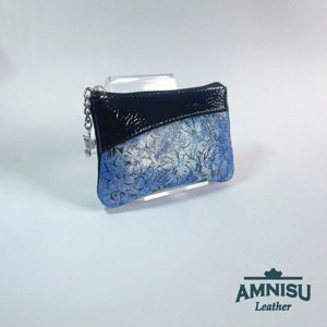 Fekete gyűrt lakk - kék virág mintás ívelt egy cipzáras kulcstartó C8007, Táska & Tok, Kulcstartó & Táskadísz, Kulcstartó, , MESKA