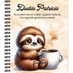Személyre szabható - Kávés lajhár és a forró kávé mintás A5-ös füzet, Otthon & Életmód, Papír, írószer, Jegyzetfüzet & Napló, , MESKA