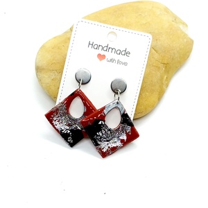 Piros-fekete-ezüst fülbevaló - Meska.hu