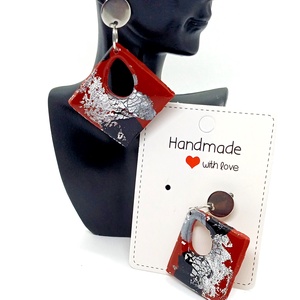 Piros-fekete-ezüst fülbevaló - ékszer - fülbevaló - lógó fülbevaló - Meska.hu