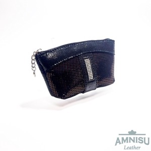Fekete mintás - bronz mintás egy cipzáras egyenes swarovski köves bőr kulcstartó E8020 - Meska.hu
