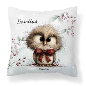 Névvel kérhető - Cuki téli bagoly nagy masnival mintás párna, Otthon & Életmód, Lakástextil, Párna & Párnahuzat, Díszpárna (belsővel együtt), , MESKA