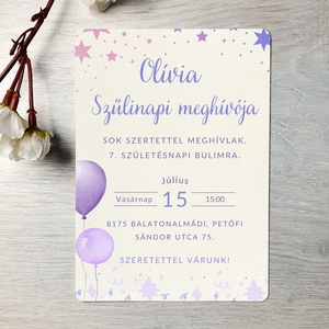 Lila lufis szülinapi meghívó (ajándék borítékkal) / születésnap / szülinap / személyre szóló- lányos/lány születésnapra - otthon & életmód - papír, írószer - ajándékozás kellékei - meghívó - Meska.hu