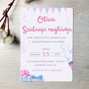 Rózsaszín - lila  szülinapi meghívó (ajándék borítékkal) / születésnap / szülinap / személyre szóló- lányos/lány  - otthon & életmód - papír, írószer - ajándékozás kellékei - meghívó - Meska.hu