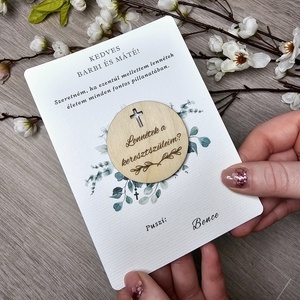 Köralakú  - Zöld leves keresztszülő felkérő - gravírozott hűtőmágnessel  - ajándék borítékkal , Otthon & Életmód, Papír, írószer, Ajándékozás kellékei, Meghívó, Fotó, grafika, rajz, illusztráció, Papírművészet, MESKA