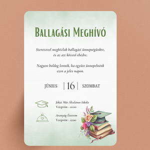 Iskolai Ballagási meghívó / Diplomaosztó meghívó - Zöld, könyves, Otthon & Életmód, Papír, írószer, Meghívó, Ajándékozás kellékei, Fotó, grafika, rajz, illusztráció, Papírművészet, MESKA