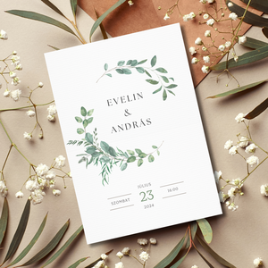 Esküvői meghívó - Modern zöld leveles , Esküvő, Meghívó & Kártya, Meghívó, Fotó, grafika, rajz, illusztráció, Papírművészet, MESKA