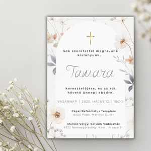 Keresztelő meghívó - virágos  - ajándék borítékkal , Otthon & Életmód, Papír, írószer, Meghívó, Ajándékozás kellékei, Fotó, grafika, rajz, illusztráció, Papírművészet, MESKA