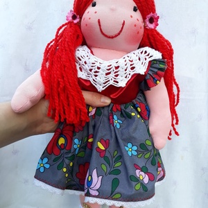 Waldorf jellegű lány baba mintás karton ruhában, horgolással díszített; Rongybaba; Játékbaba  - játék & sport - baba & babaház - öltöztethető baba - Meska.hu