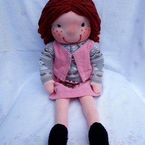 Waldorf jellegű lány baba bársony együttesben, kötött felsőben; Rongybaba; Játékbaba; Textilbaba, Játék & Sport, Baba & babaház, Öltöztethető baba, Baba-és bábkészítés, Varrás, MESKA