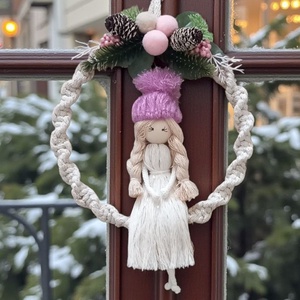 Lila sapkás makramé baba  karácsonyi falidísz aranyszálas ruhában - Meska.hu