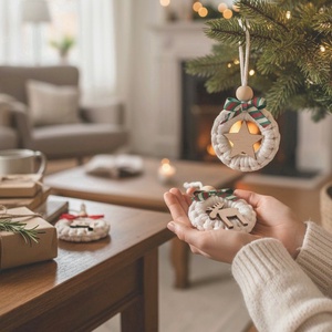 Makramé karácsonyfadísz szett  fehér, fa karikán, piros vagy zöld szalaggal - karácsony - karácsonyi lakásdekoráció - karácsonyfadíszek - Meska.hu