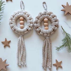 Makramé függő dísz pár  csillogó bézs, ekrü, Karácsony, Karácsonyi lakásdekoráció, Karácsonyfadíszek, Csomózás, MESKA