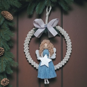 Makramé angyal karácsonyi ajtódísz  kék-ezüst ruhában, csillaggal és masnival - Meska.hu