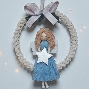 Makramé angyal karácsonyi ajtódísz  kék-ezüst ruhában, csillaggal és masnival, Karácsony, Karácsonyi lakásdekoráció, Karácsonyi ajtódíszek, Baba-és bábkészítés, Csomózás, MESKA