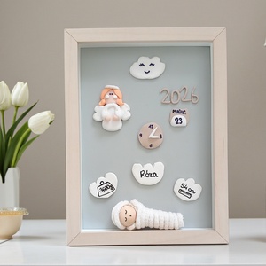 Egyedi babaváró ajándék � Makramé újszülött baba pólyában, személyre szabott születési adatokkal, fa képkeretben - baba - mama - babaszoba dekoráció - babaszoba kép - Meska.hu