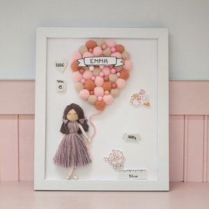Egyedi, névre szóló babaváró ajándék � Makramé kislány lufival, születési adatokkal, fehér keretben - baba - mama - babaszoba dekoráció - babaszoba kép - Meska.hu