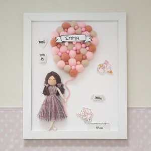 Egyedi, névre szóló babaváró ajándék � Makramé kislány lufival, születési adatokkal, fehér keretben, Baba - mama, Babaszoba dekoráció, Babaszoba kép, Baba-és bábkészítés, Dekorgumi, MESKA