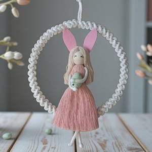 Makramé Húsvéti Nyuszilány tojással, Ünnepi díszek, dekorációk, Húsvéti díszek és dekorációk, Csomózás, MESKA