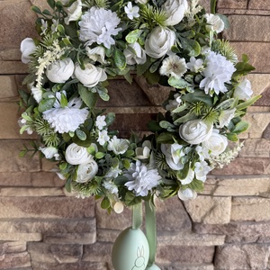 Zöld-fehér kopogtató zöld tojásokkal, Otthon & Életmód, Dekoráció, Ajtó- és ablak dekoráció, Ajtódísz & Kopogtató, Virágkötés, MESKA