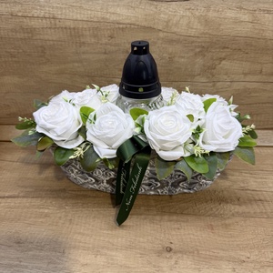 Fehér  sírdísz mécsessel, Otthon & Életmód, Vallás, Temetkezési tárgy, Sírdísz, kegyeleti dísz, Virágkötés, MESKA