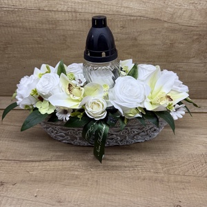 Orchideás  sírdísz mécsessel, Otthon & Életmód, Vallás, Temetkezési tárgy, Sírdísz, kegyeleti dísz, Virágkötés, MESKA