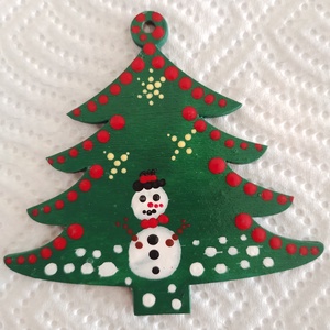 Karácsonyfadísz pontozott technikával, hóember mintával - fenyőfa, Karácsony, Karácsonyi lakásdekoráció, Karácsonyfadíszek, Festett tárgyak, MESKA