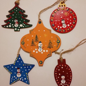 Karácsonyfadísz pontozott technikával, hóember mintával - 5 darabos készlet, Karácsony, Karácsonyi lakásdekoráció, Karácsonyfadíszek, Festett tárgyak, MESKA