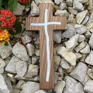 Fa kereszt, falikereszt - fehér üvegmozaik berakással, szilfa, 21 cm, keresztelő, esküvői ajándék, Otthon & Életmód, Vallás, Kereszt, Mozaik, MESKA