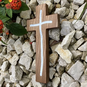 Fa kereszt, falikereszt - fehér üvegmozaik berakással, szilfa, 21 cm, keresztelő, esküvői ajándék - otthon & életmód - vallás - kereszt - Meska.hu